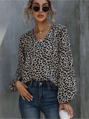 Leopard Print V-Neck Blouse - Beige/Black - 0XL